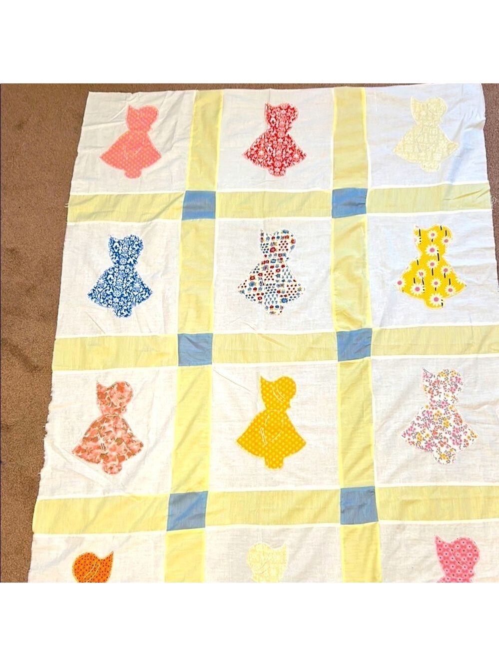 Vintage Quilt top. 45” x 63”. Bonnet babies. Hand appliqué and embroidered.